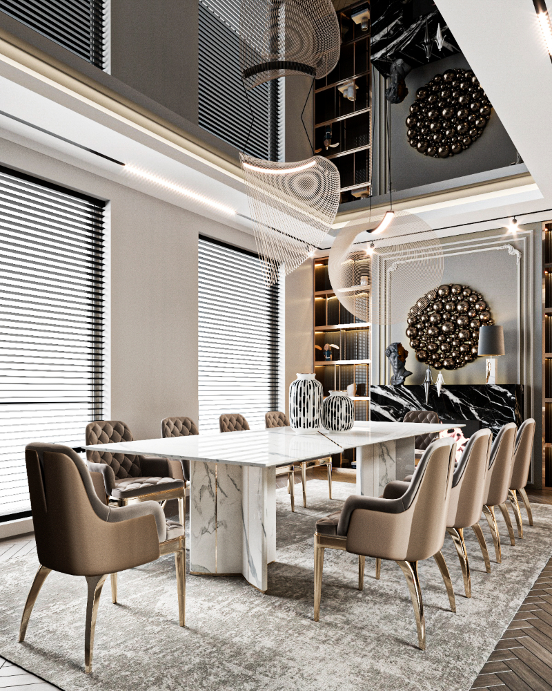 majestic villa in sharjah by nada shehab, boca do lobo, and luxxu dining room design with a white marble dining table