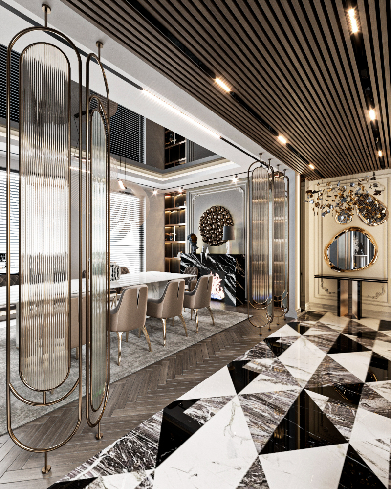 majestic villa in sharjah by nada shehab, boca do lobo, and luxxu dining room design with black and gold tones
