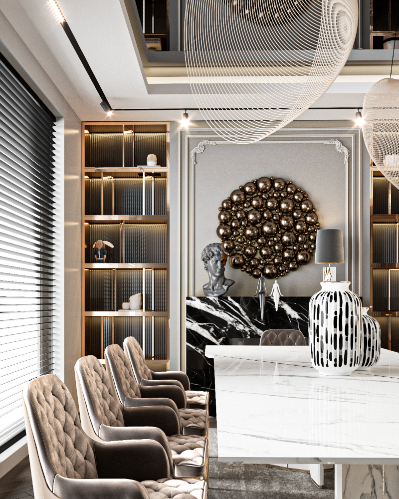 majestic villa in sharjah by nada shehab, boca do lobo, and luxxu dining room design with an eclectic golden mirror