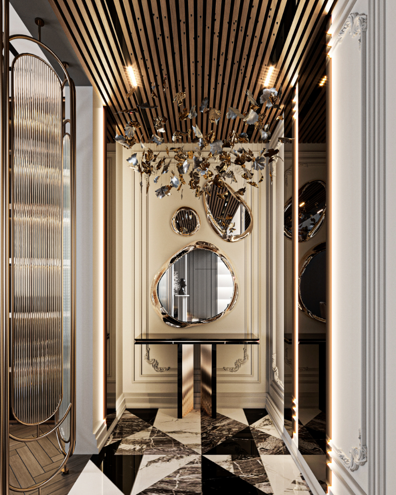 majestic villa in sharjah by nada shehab, boca do lobo, and luxxu entryway design with halo mirror