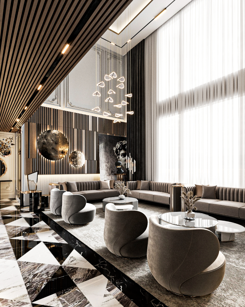 majestic villa in sharjah by nada shehab, boca do lobo, and luxxu living room design with black and gold tones