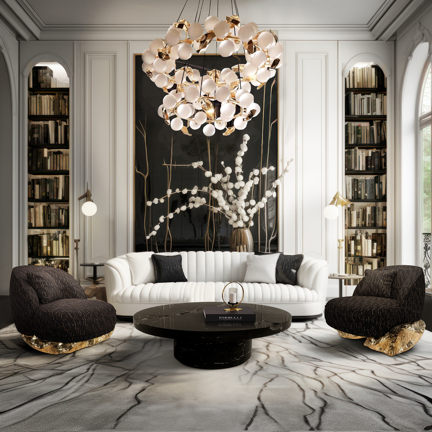 Vintage-inspired, lighting living room, with a big white sofa, and two black armchairs (gold stores underneath)
There's a black side table with a candle above. White walls corresponding to the project. 
A modern lighting fixture is constructed with two tiers