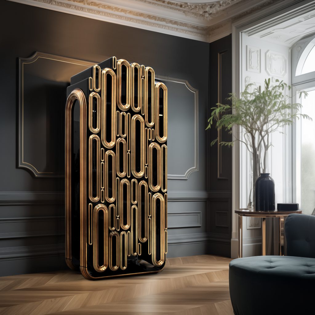Vintage Inspired- Grey walls and white shutters. There's a golden side table with a black jar above. Dark armchair.
Frame made from wood covered in metal elements and a mirror in the interior. Finishing in black gold.