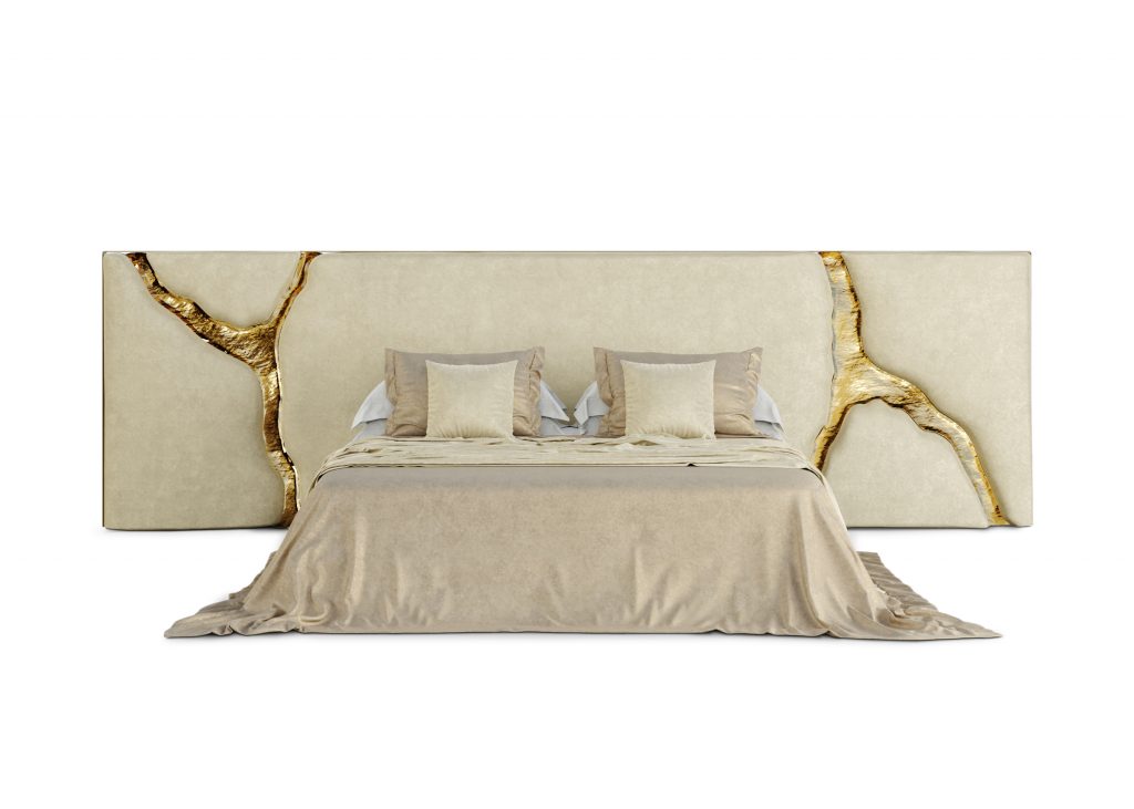 Contemporary- Bed with a white headboar, envolving a little bit of brass