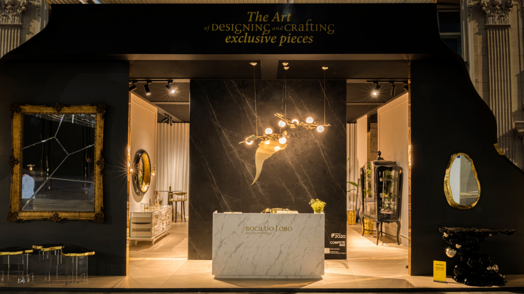 Boca do Lobo- part of our exhibition, a black console table, a center table, a reception and some of our pieces in. We have our message up